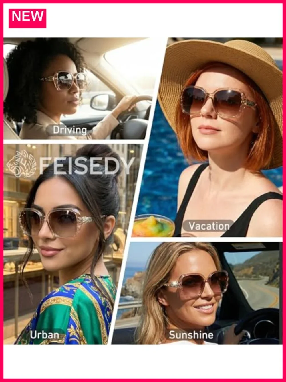 FEISEDY Square Sunglasses Polarized UV400 Oversized Sparkling Composite Frame